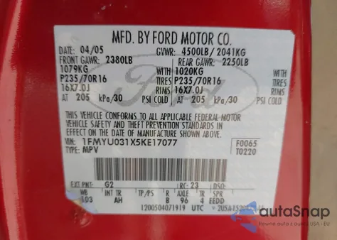 2005 Ford Escape Xlt z USA, uszkodzony, nr VIN 1FMYU031X5KE17077